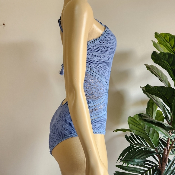 Becca High-Neck Illusion Crochet One-Piece Swimsuit Baby Blue Color Size M - Picture 8 of 11